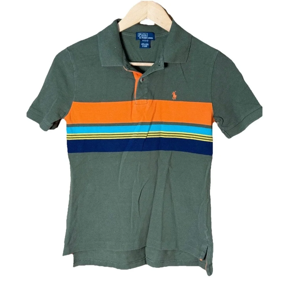 Polo Ralph‎ Lauren Polo Shirt Youth Knit Striped Colorblock Green Large 10-12